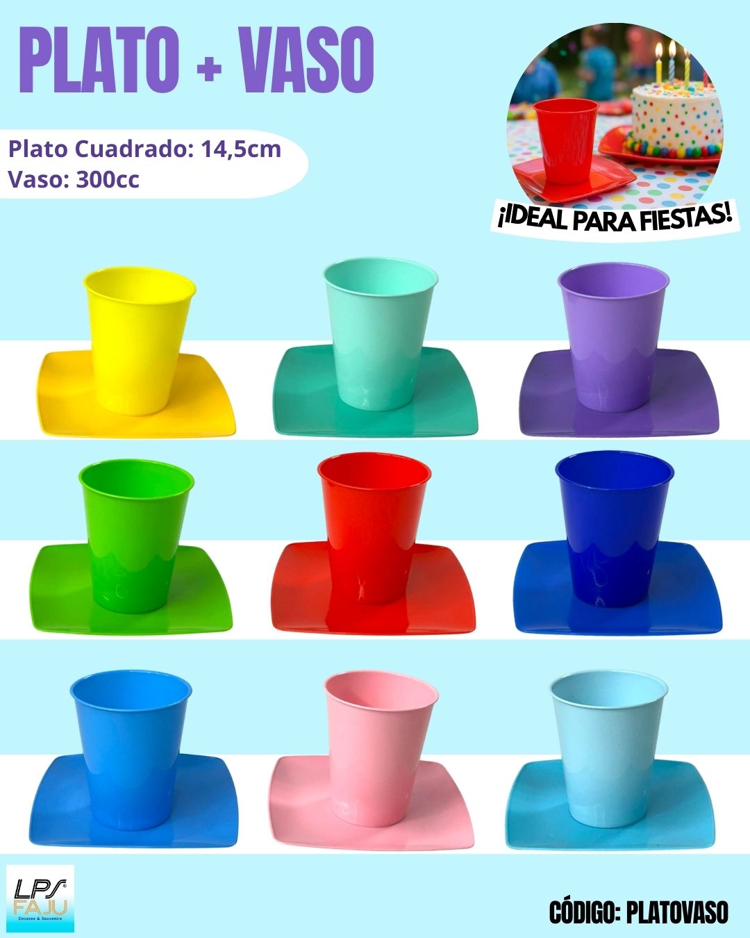 Plato plástico cuadrado 14,5cm + Vaso Plástico semi rígido 300cc Rosa pastel, Celeste ,lila, rojo, amarillo